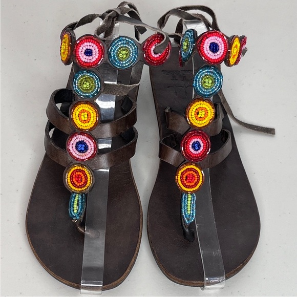 Global Girls Boho Leather Hand-Made Colorful Beaded Sz 37 Thong Sandals - Picture 4 of 14